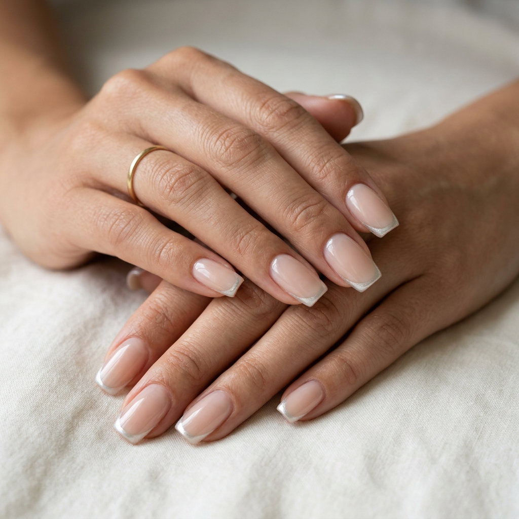Lunar Silver Micro French Square nails: sheer nude with silver micro French tip for summer nails square medium 2026.
