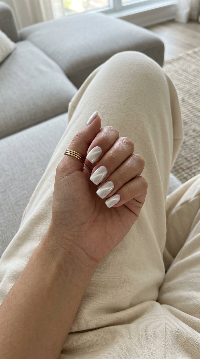Moonbeam Cat-Eye Square nails: pearlescent white with silver cat-eye shift for summer nails square medium 2026.