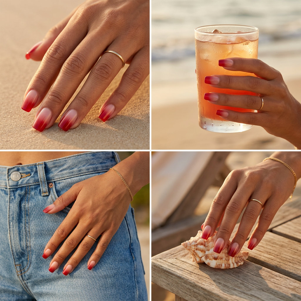 Nude to Red Ombre Square nails: sheer nude to cherry red gradient for summer nails square medium 2026.