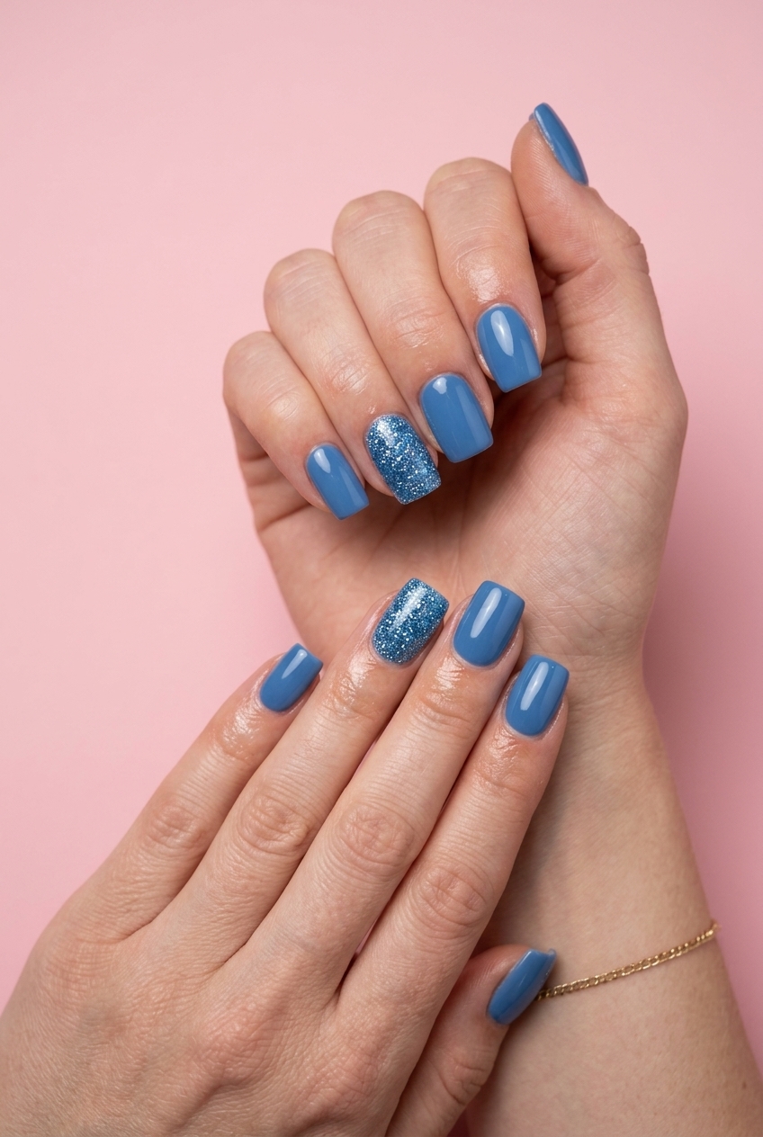Ocean Sparkle Accent Square nails: medium blue with glitter accent for summer nails square medium 2026.