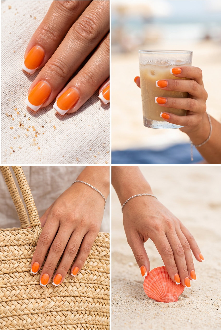 Tangerine Dream French Square nails: sheer orange jelly with white micro French tip for summer nails square medium 2026.