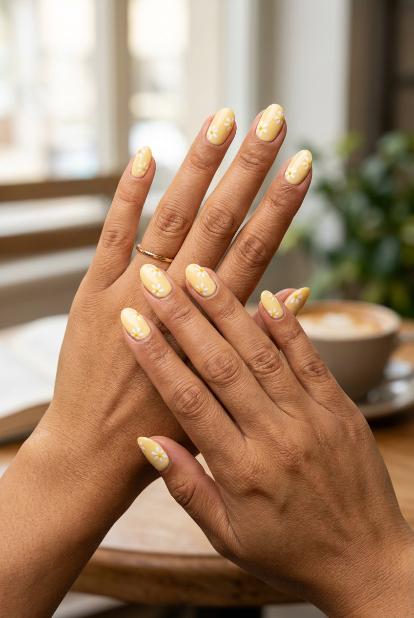 Whimsical butter yellow daisy dots oval nails for casual weekends and picnics. Summer nails yellow 2026.
