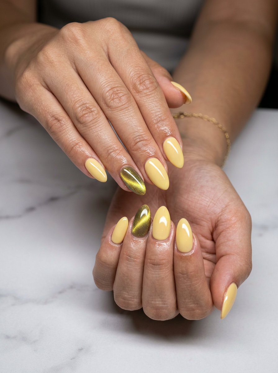 Glamorous buttercup cat-eye accent nails for date nights and summer parties. Summer nails yellow 2026.