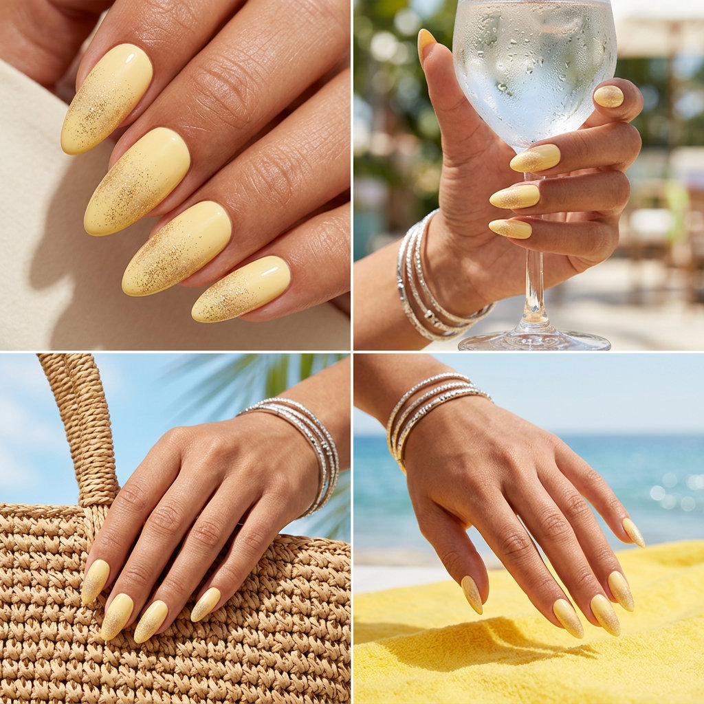 Buttercup yellow glitter gradient summer nails 2026 for party and festival occasions. Glamorous festive look.