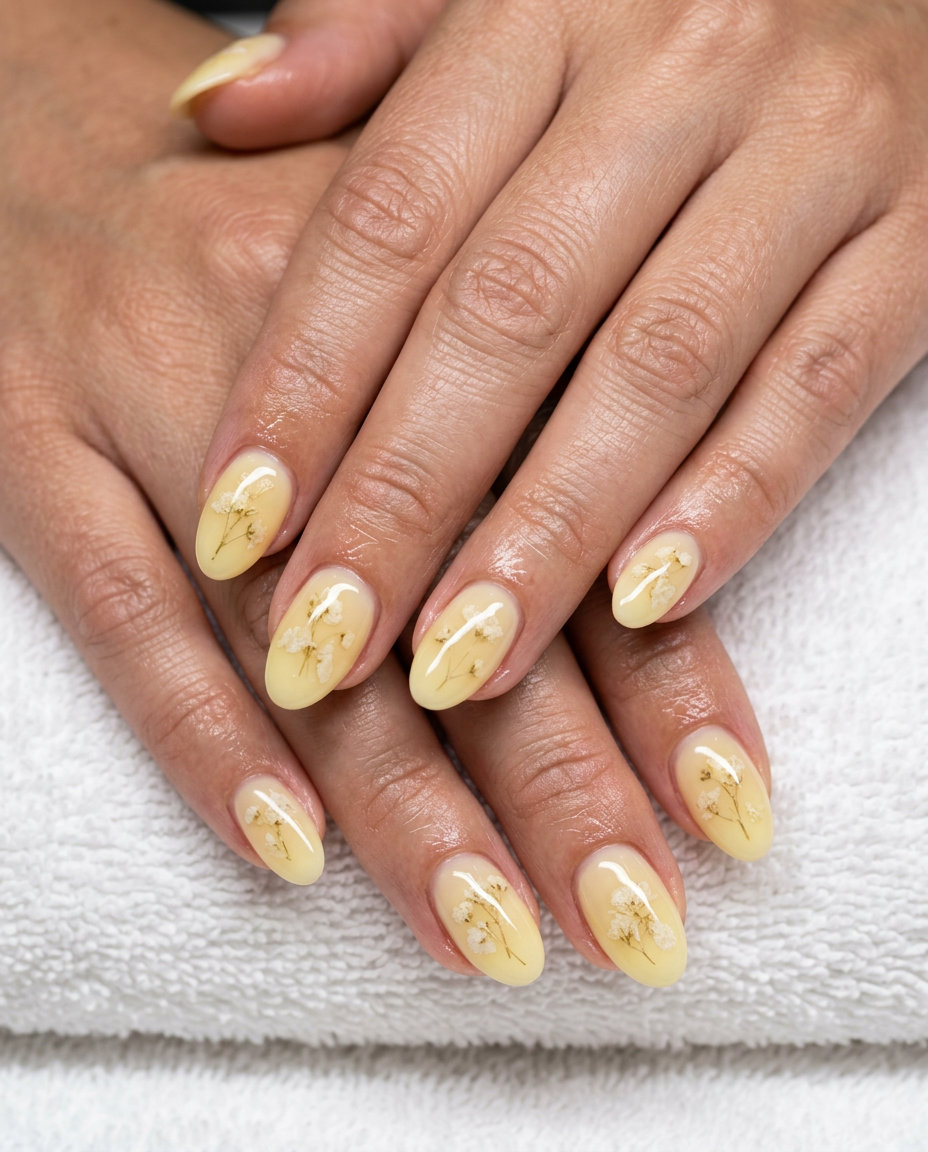 Buttercup yellow milk bath floral summer nails 2026 for romantic wedding guest and bridal shower events.