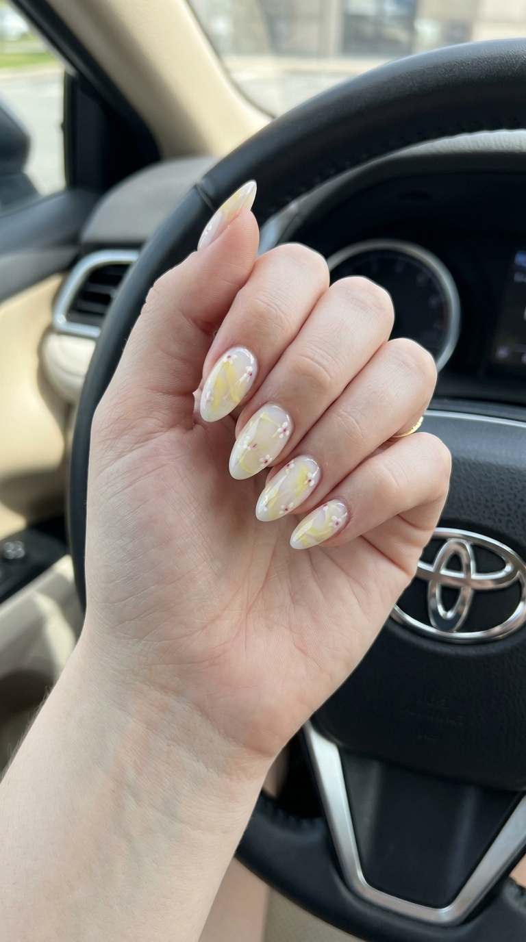 Romantic buttercup milky bath oval nails with floral accents for weddings. Summer nails yellow 2026.