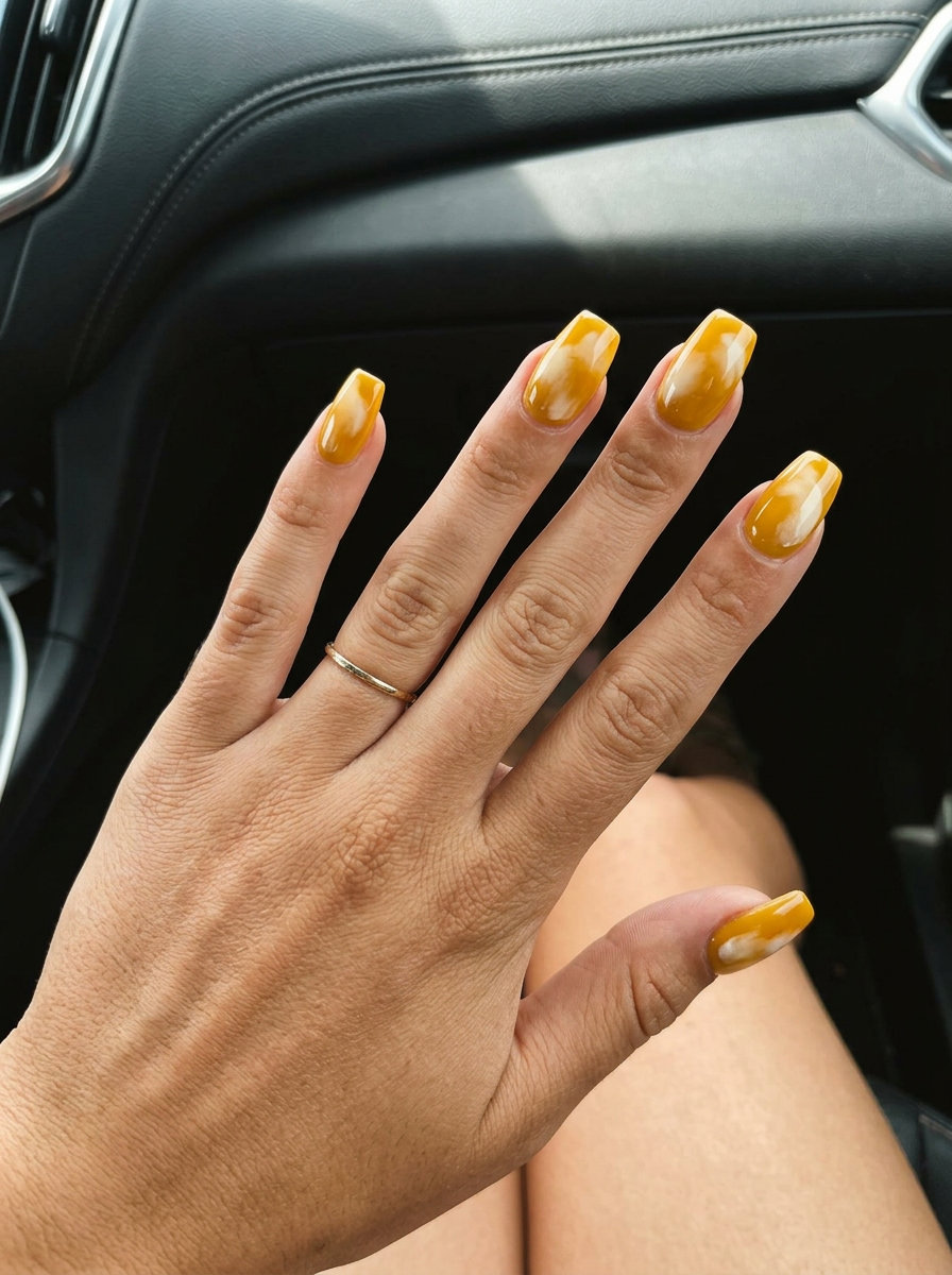 Goldenrod abstract airbrush stiletto summer nails 2026 for sophisticated formal events and date nights.