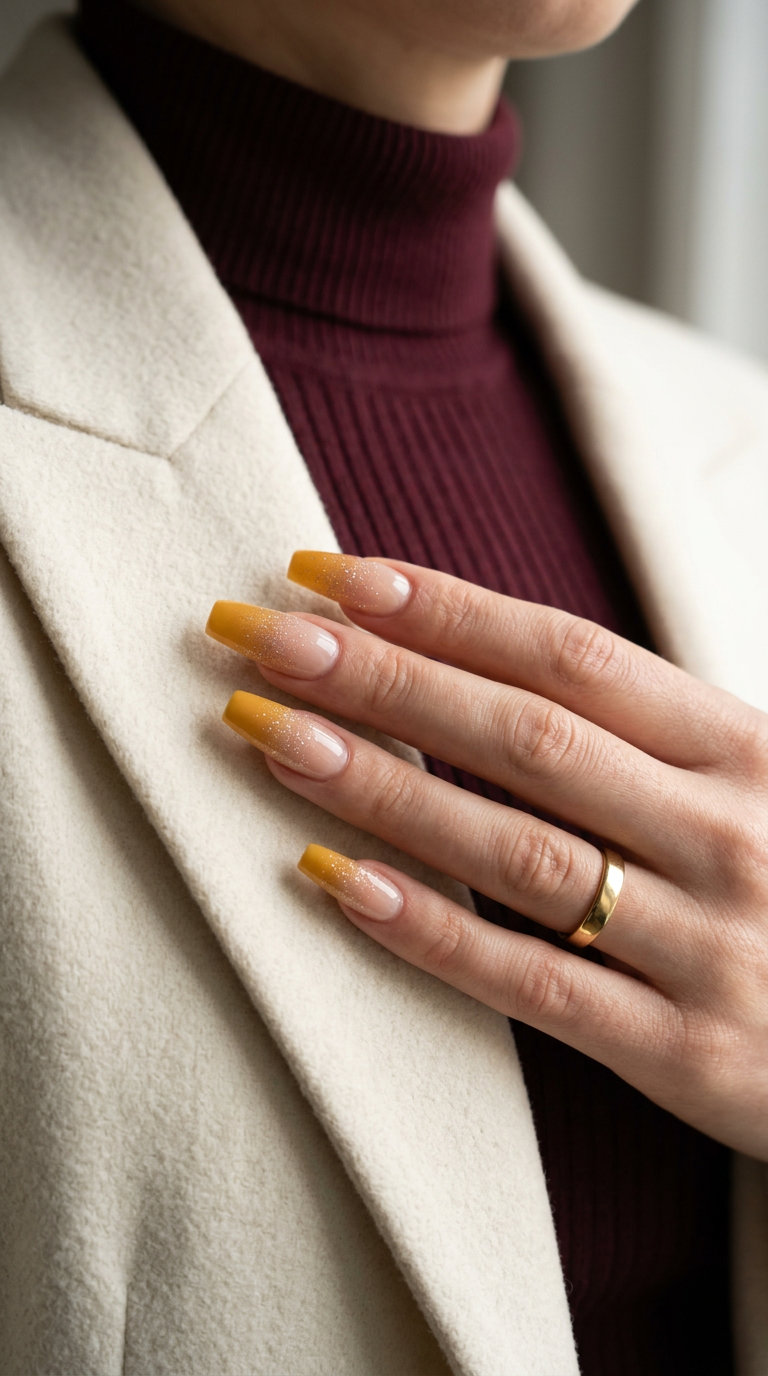 Glamorous goldenrod glitter fade tapered square nails for festivals and parties. Summer nails yellow 2026.