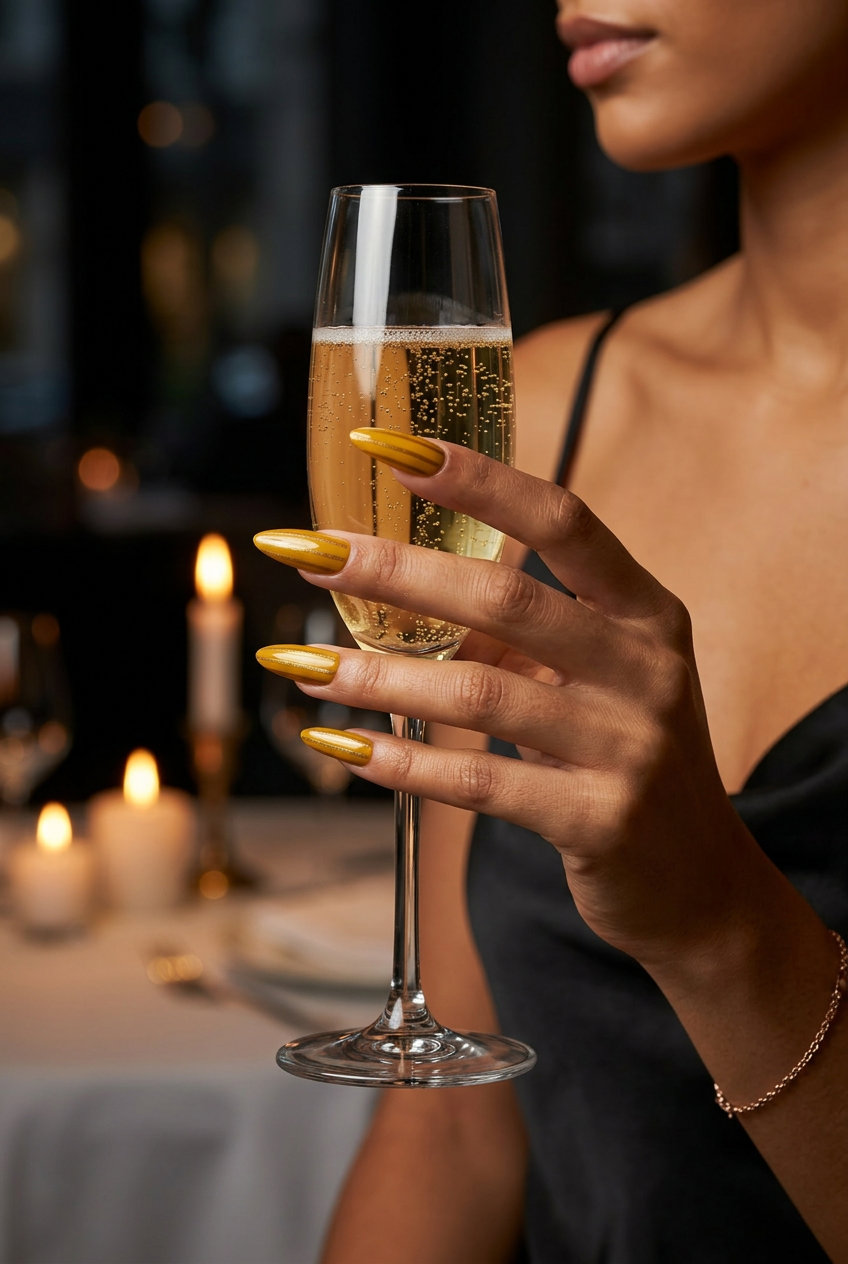 Elegant goldenrod shimmer lines coffin nails for date nights and summer soirees. Summer nails yellow 2026.