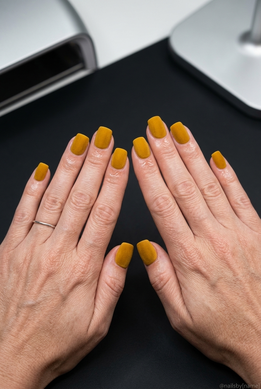 Sophisticated goldenrod velvet matte coffin nails for fall transition outfits. Summer nails yellow 2026.
