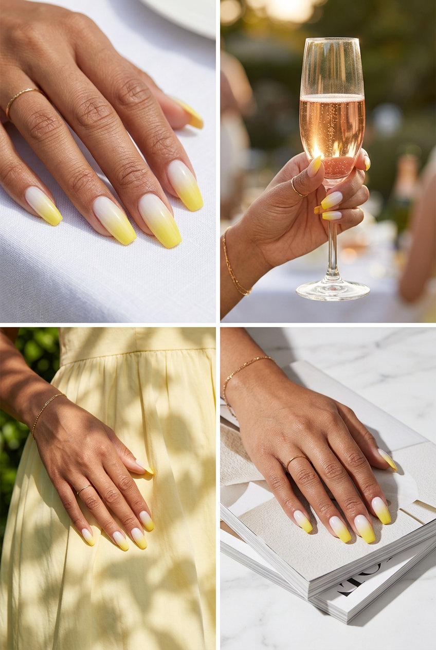Airbrushed lemon zest sunset oval summer nails 2026 for romantic wedding guest and summer events.