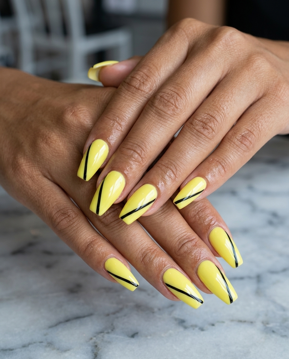 Modern lemonade abstract lines coffin nails for events and date nights. Summer nails yellow 2026.
