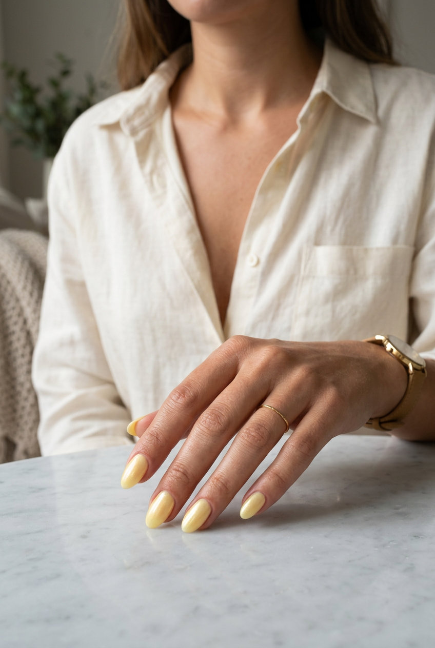 Butter yellow shimmer nails for summer wedding 2026. Ethereal and romantic elegant style.