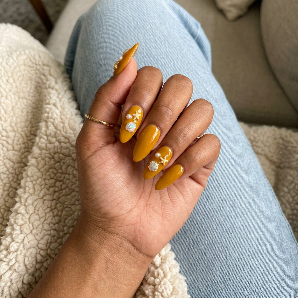 Goldenrod yellow summer baubles almond nails for vacation 2026. Whimsical playful glamorous.