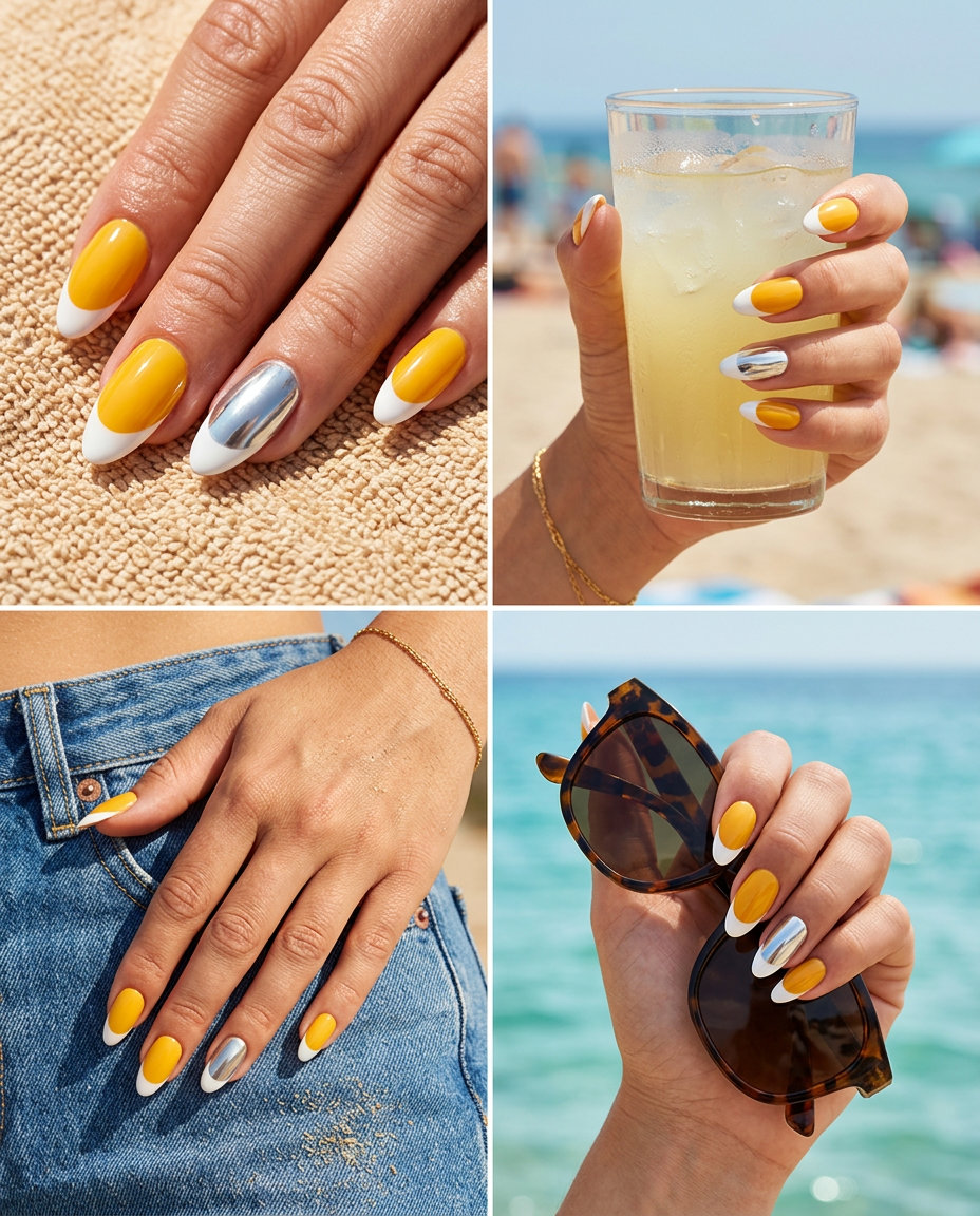 Goldenrod yellow French tip with silver chrome nails for date night 2026. Glamorous chic modern.