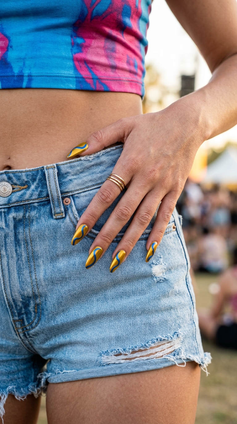 Goldenrod metallic swirls stiletto nails for party 2026. Edgy and bold artistic design.