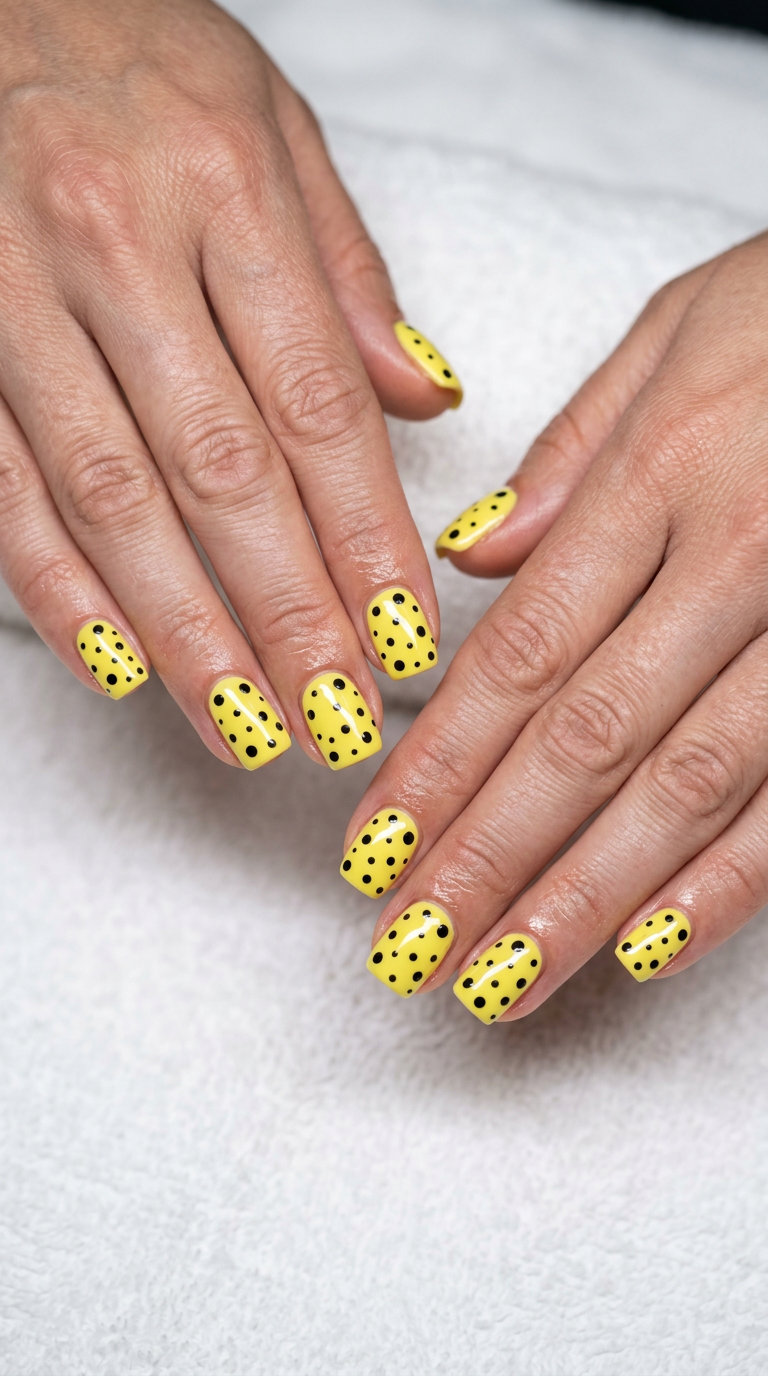 Lemon zest yellow dot art nails for casual wear 2026. Playful whimsical retro style.