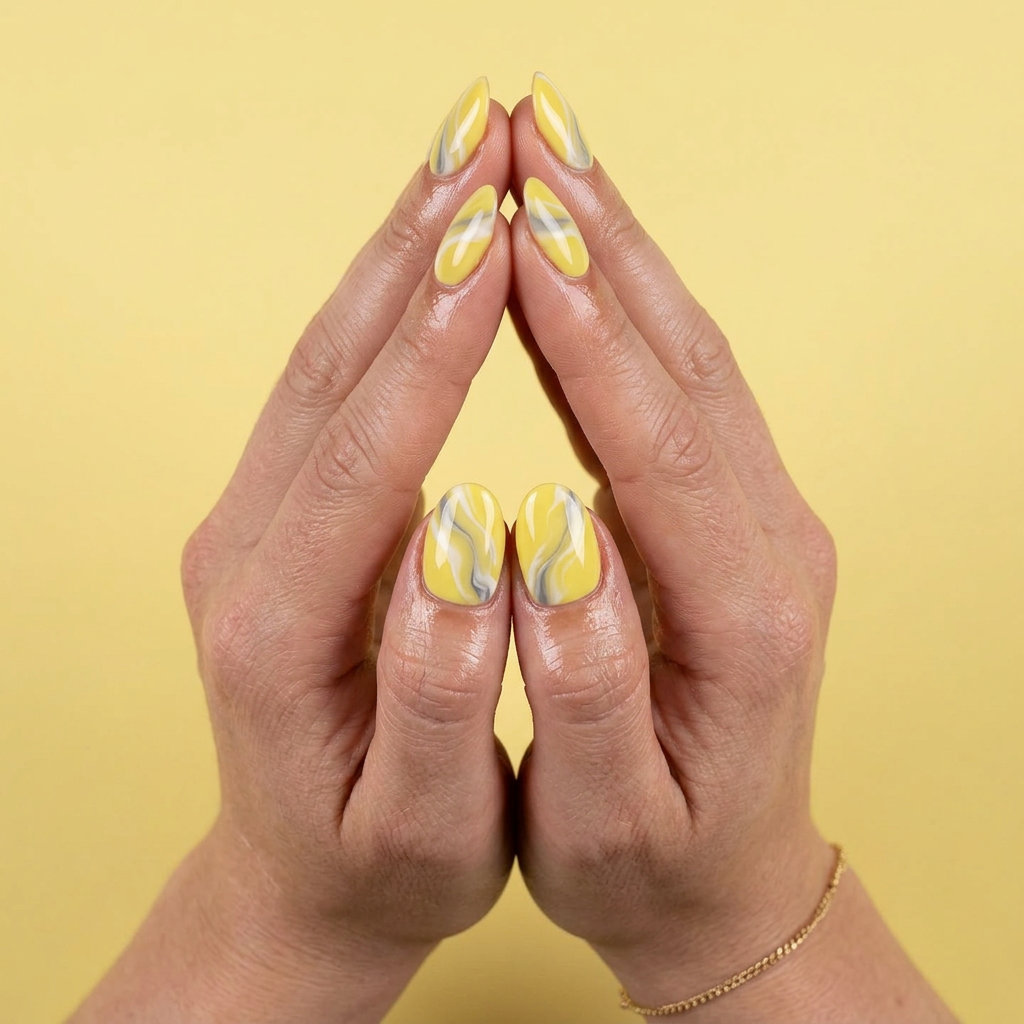 Lemonade yellow abstract marble nails for summer vacation 2026. Artistic bohemian style with grey swirls.