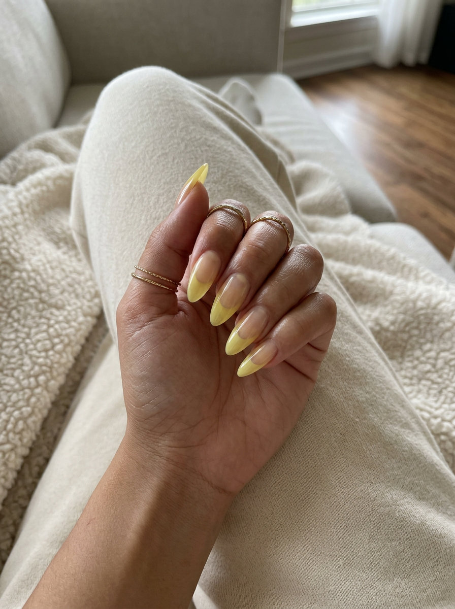 Sheer lemonade yellow negative space nails for daily wear 2026. Edgy and sophisticated minimalist style.