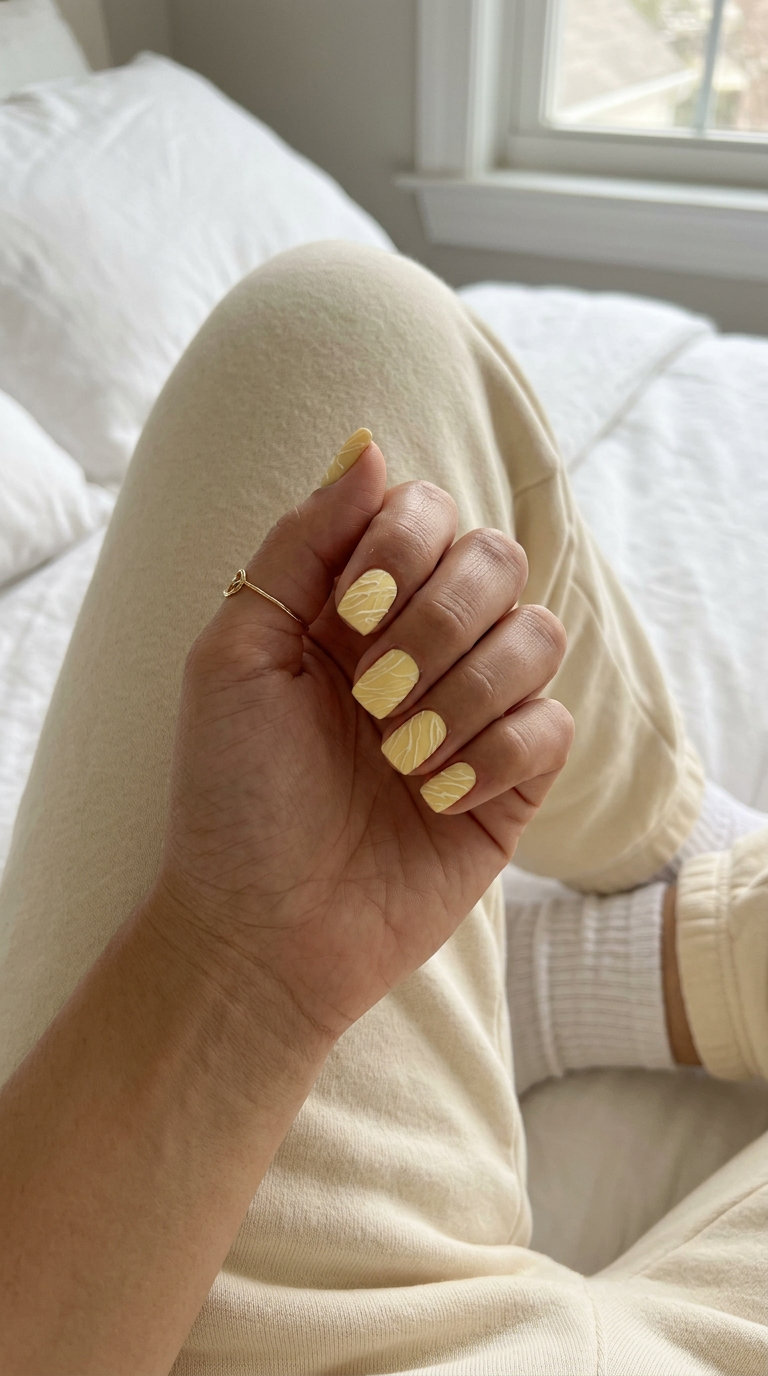 Textured buttercup yellow threads nails for daily wear 2026. Minimalist chic understated style.