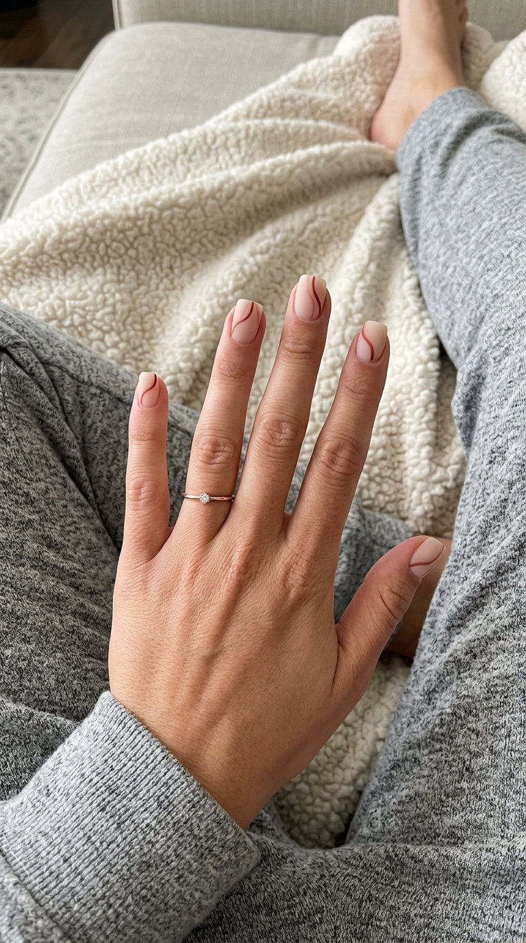 Red-Toned Neutral Abstract Lines nails for summer 2026. Minimalist chic work nails with terracotta lines.