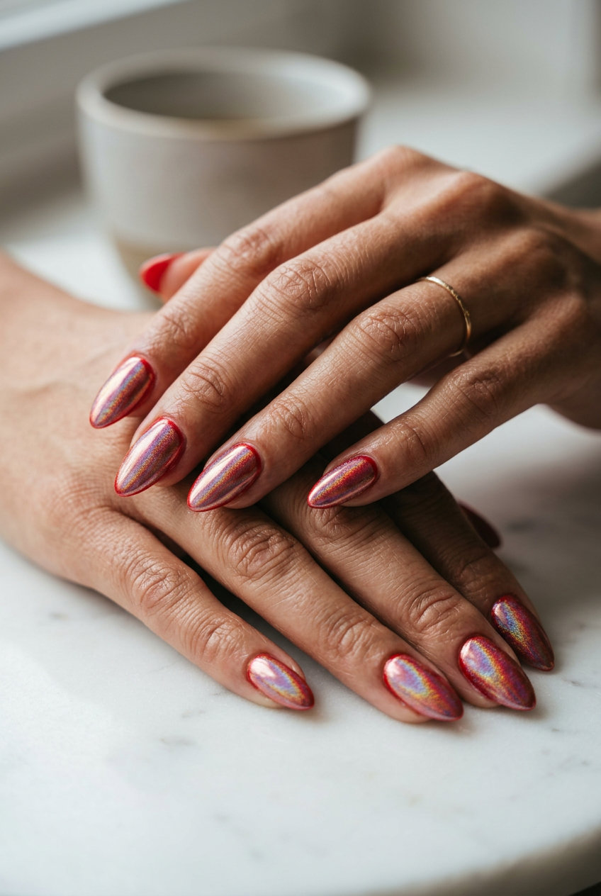 Glamorous cherry red chrome almond nails for summer red nails 2026 parties. Mirror shine.