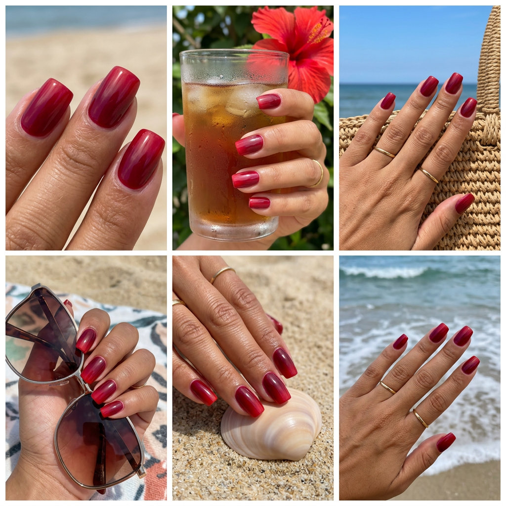 Dramatic crimson red airbrushed sunset nails for summer red nails 2026 evening events. Glossy.