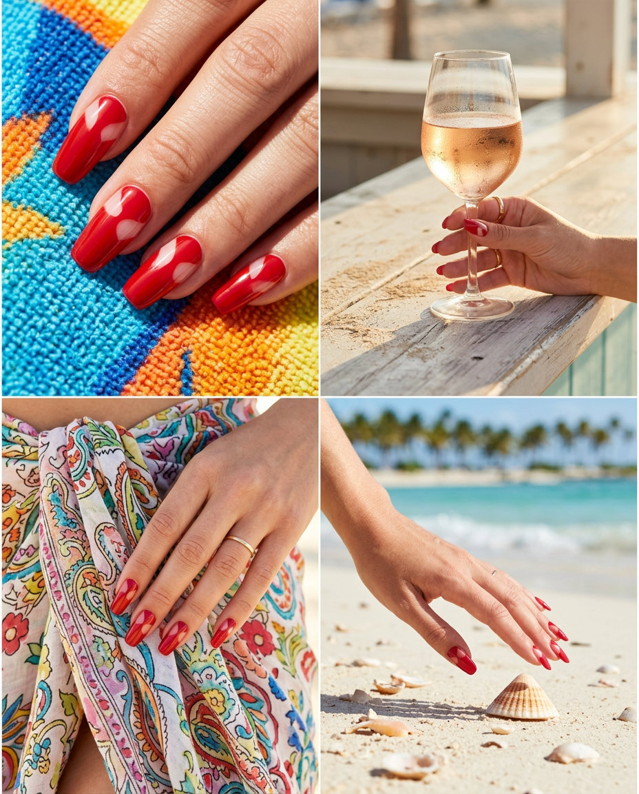 Edgy deep crimson red negative space nails for summer red nails 2026 night out. High gloss finish.