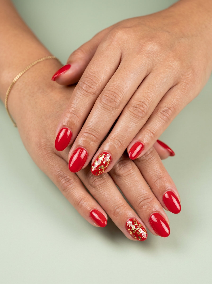 Fiery gold flake red nails for summer 2026, ideal for summer parties and celebrations.