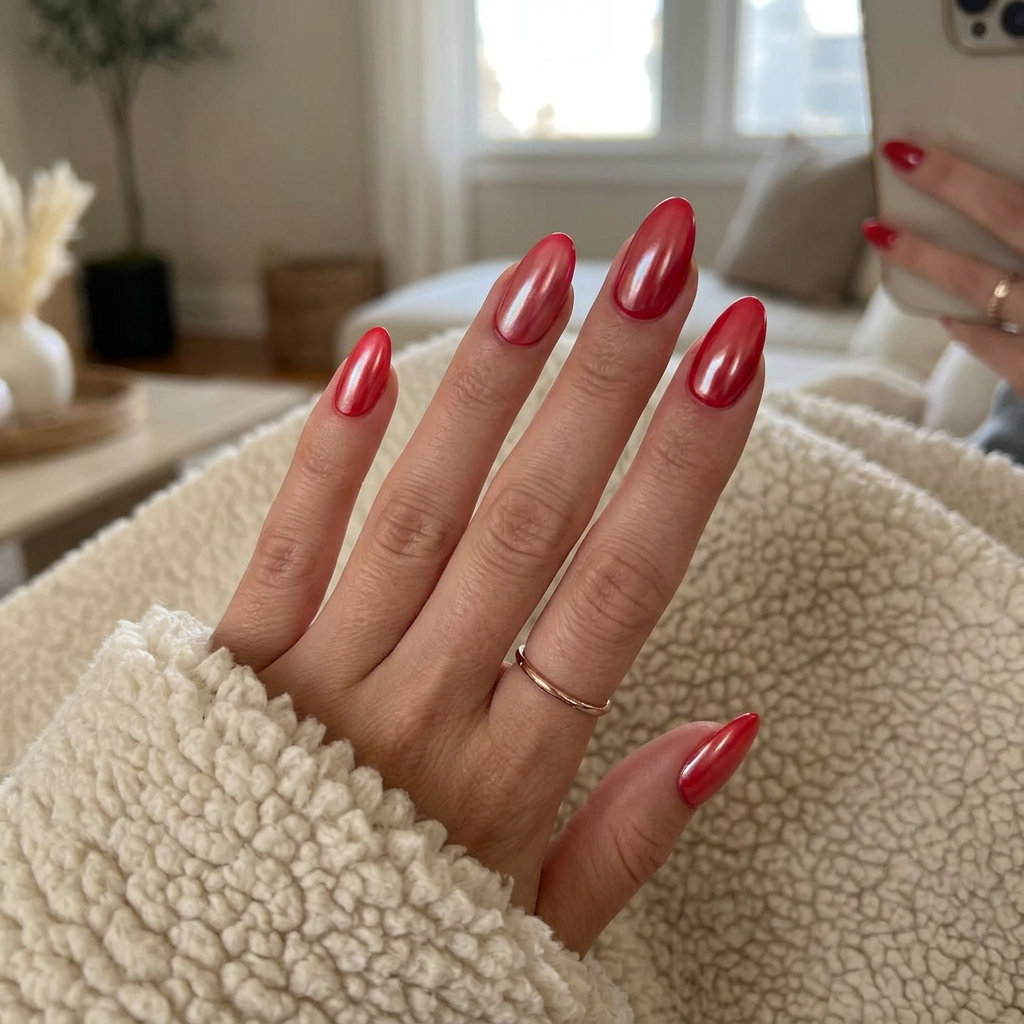 True Red Glazed Donut nails for summer vacation 2026. Trendy, glamorous red nails with pearl chrome finish.