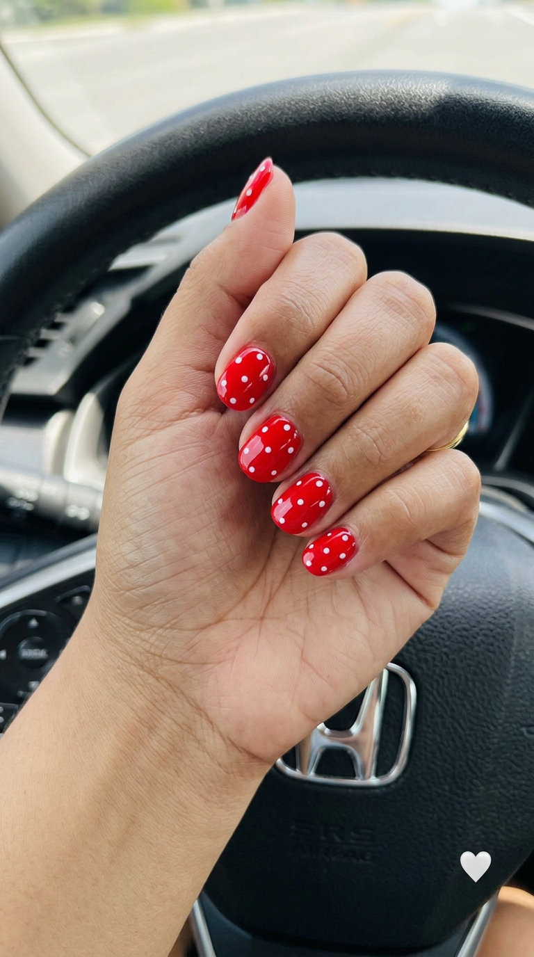 Playful red dot accent nails for summer 2026, perfect for casual weekends and festivals.
