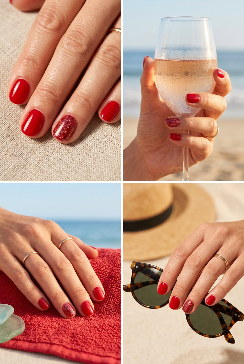 Sparkling true red glitter accent nails for summer 2026, great for parties and celebrations.