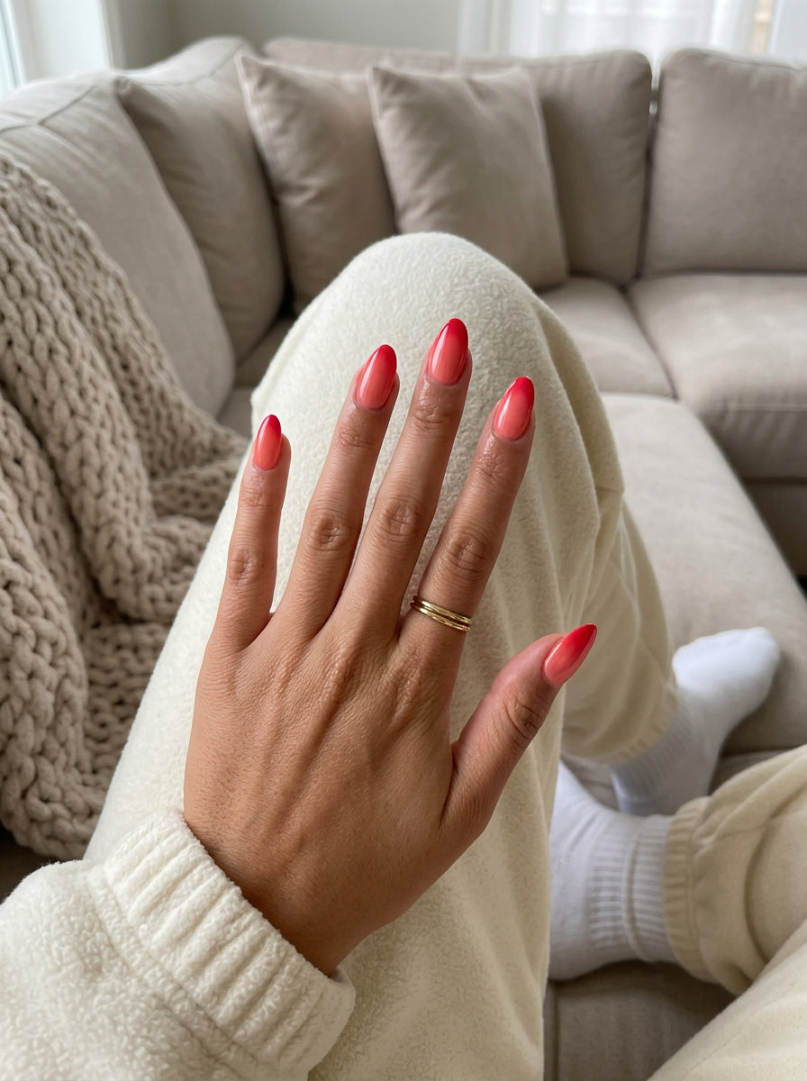 Airbrushed Cherry Sunset Gradient nails for summer 2026. Romantic wedding guest nails.