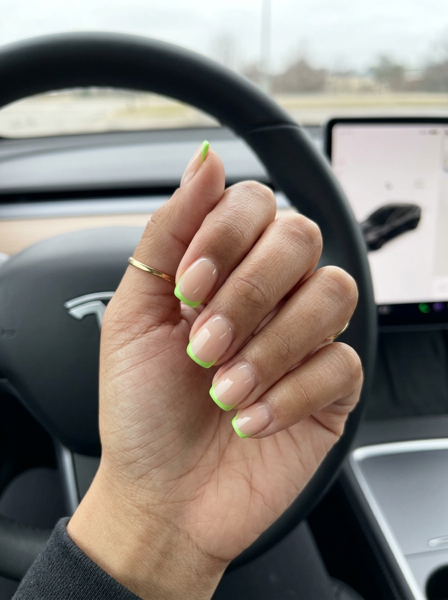 Electric Lime Glossy Micro French for summer vibes nails 2026. Playful, bold, energetic, festival style.