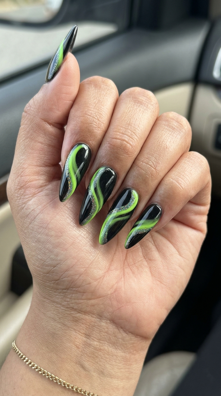 Electric Swirl Glitter Coffin nails for summer vibes nails 2026. Lime green and black with holographic glitter.