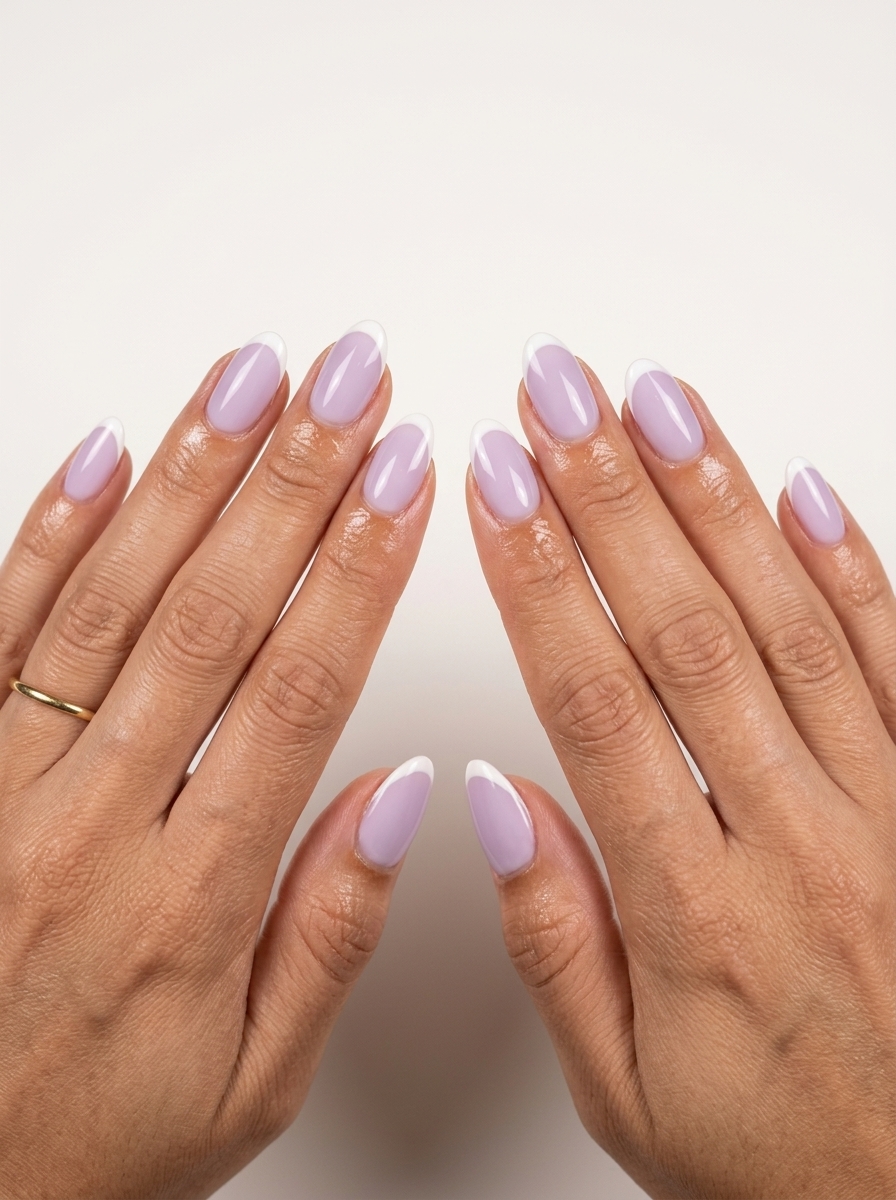 Lavender Milk French nails for summer vibes nails 2026. Romantic, serene, wedding guest style.
