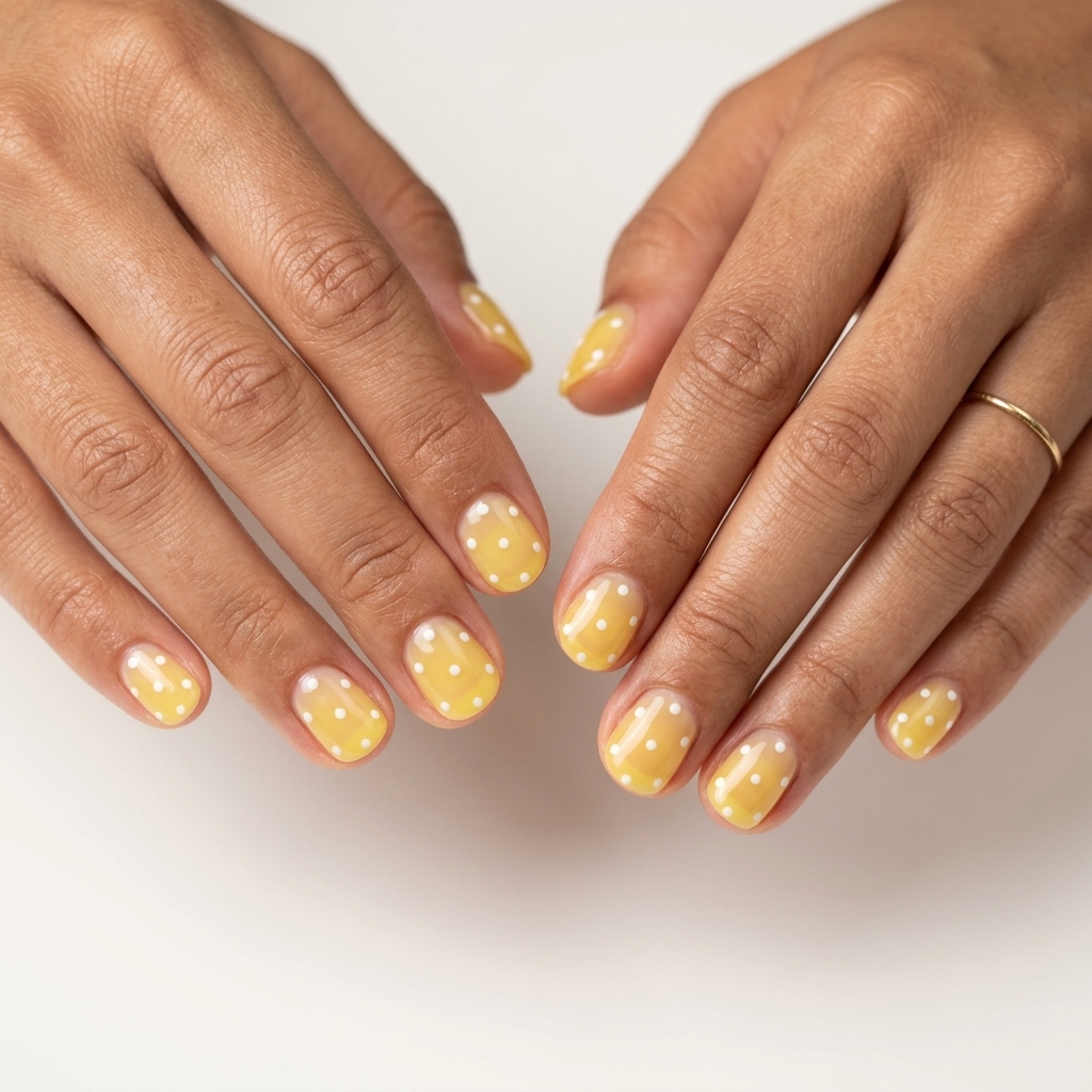 Lemon Drop Polka Dot Jelly nails for summer vibes nails 2026. Playful picnic style.