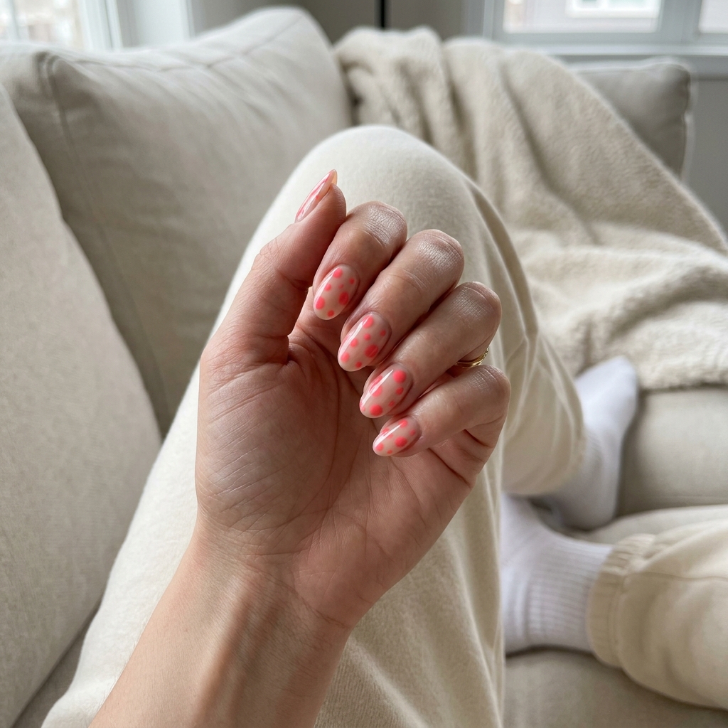 Sunset Dot Delight Coffin nails for summer vibes nails 2026. Playful, relaxed, vacation style.