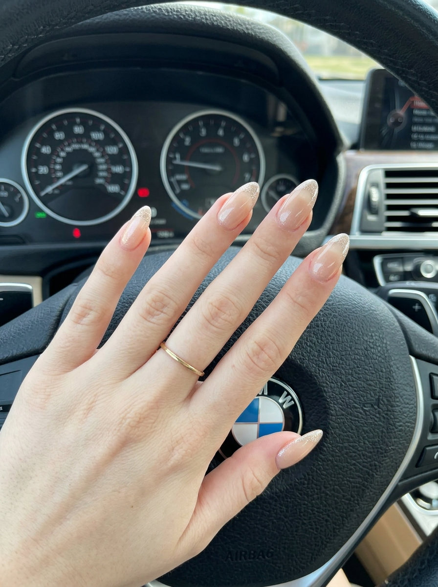 Champagne toast almond French nails for summer wedding nails 2026. Glamorous formal event style.