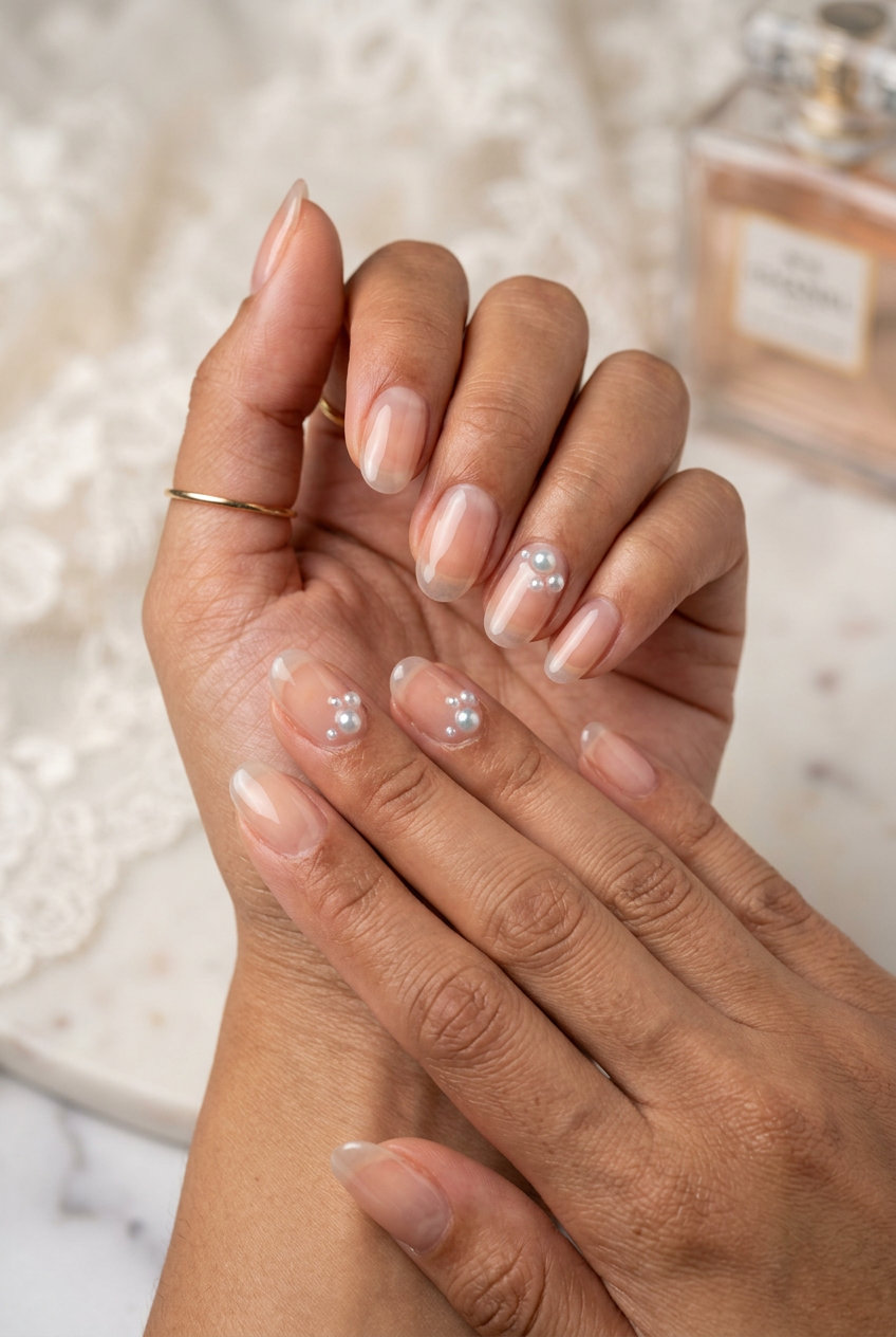 Clear Glass Pearl Accent Medium nails for summer wedding nails 2026. Romantic clear with iridescent pearl accents.