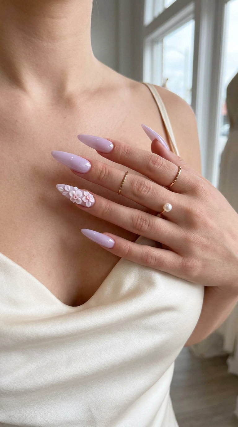 Light lavender 3D floral nails for summer wedding nails 2026. Romantic garden party style.