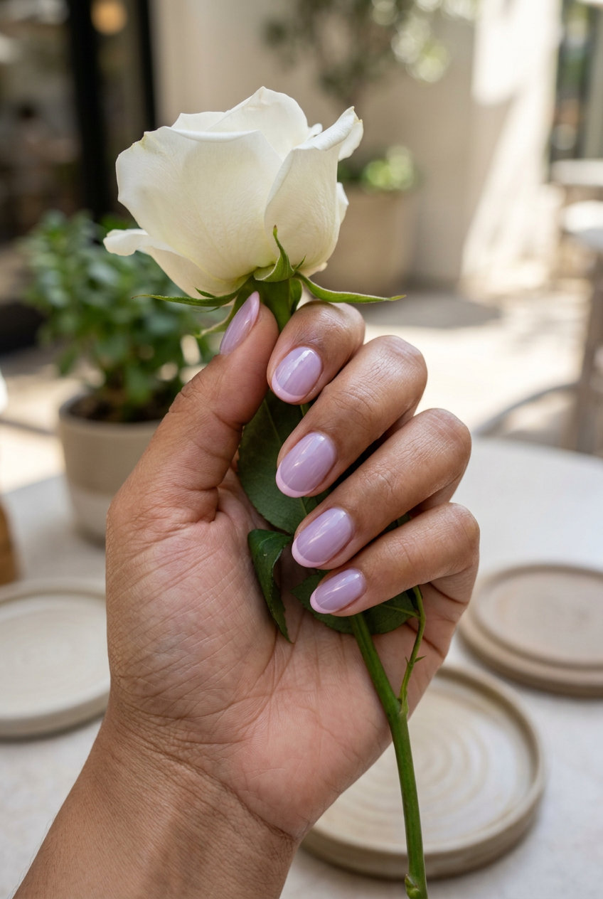 Delicate Lavender Micro French nails for summer wedding nails 2026. Romantic, whimsical, delicate short oval shape.