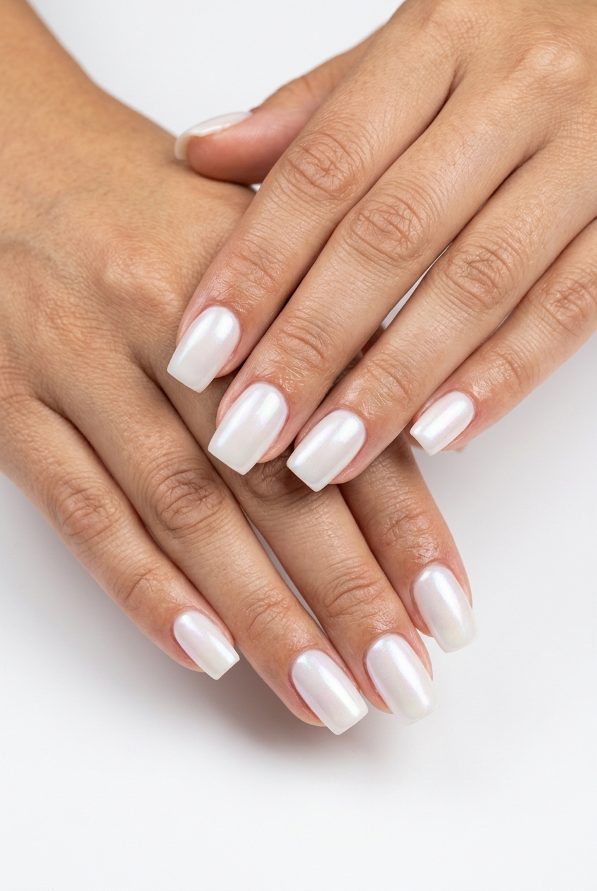 Lunar White Subtle Chrome Square nails for summer wedding nails 2026. Modern milky white with iridescent chrome shift.