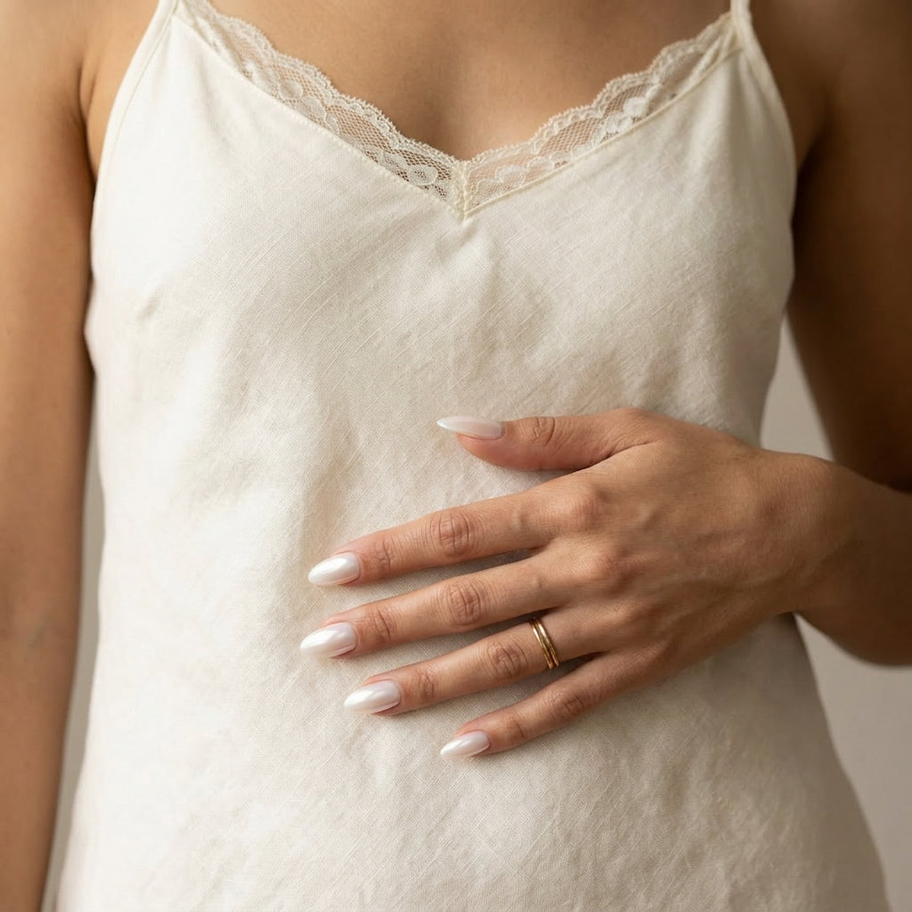 Milky white almond glaze nails for summer wedding nails 2026. Ethereal bridal shower style.