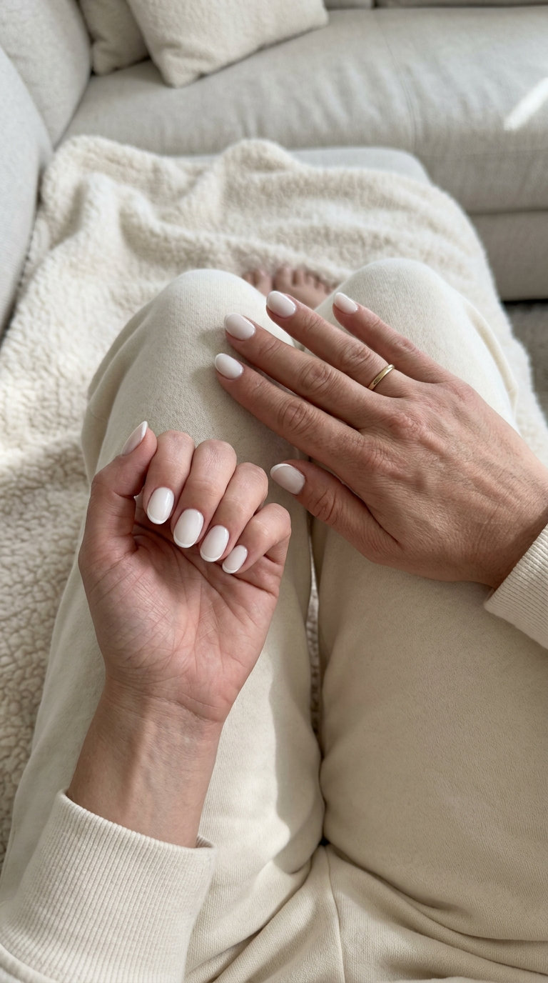 Milky white micro French oval nails for summer wedding nails 2026. Minimalist work style.