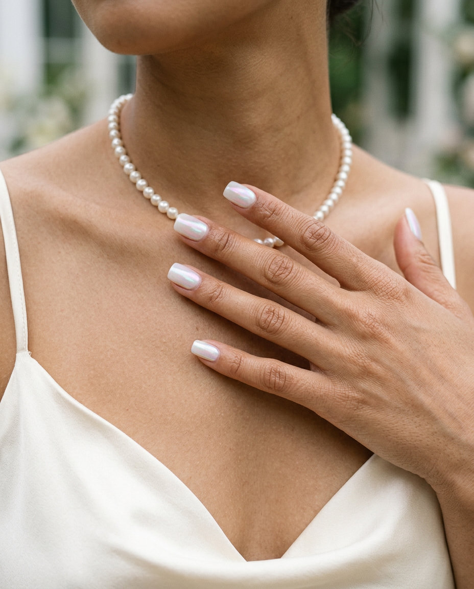 Milky White Subtle Chrome nails for summer wedding nails 2026. Futuristic milky white with iridescent chrome shift.