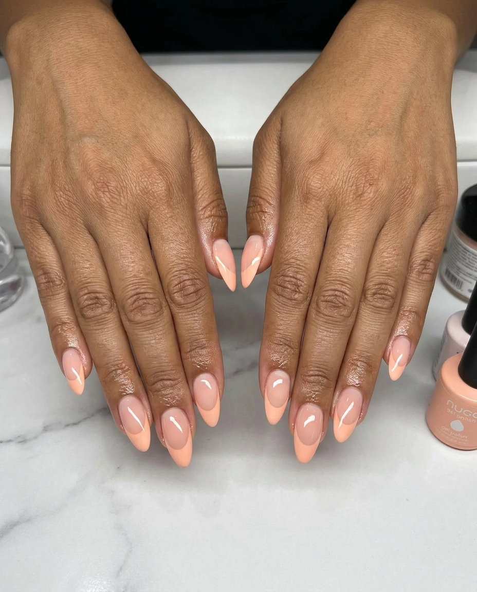 Modern Peach Negative Space nails for summer wedding nails 2026. Minimalist pale peach with clear nail sections.
