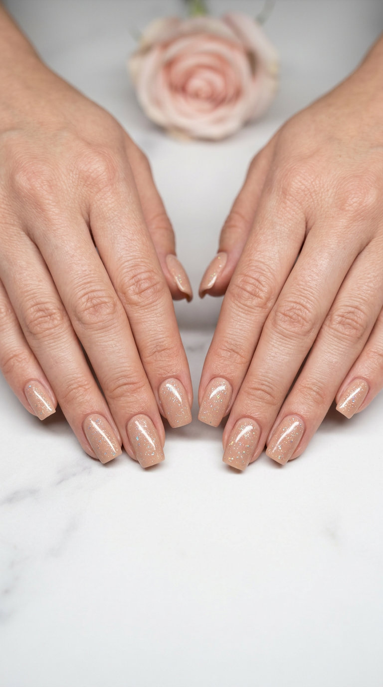Nude sparkle holographic nails for summer wedding nails 2026. Subtle glam for parties.