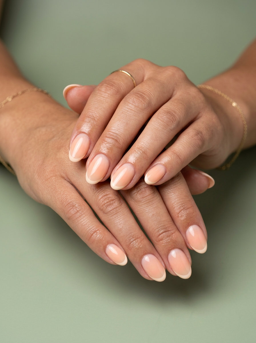 Pale peach aura French tip nails for summer wedding nails 2026. Playful & sophisticated.