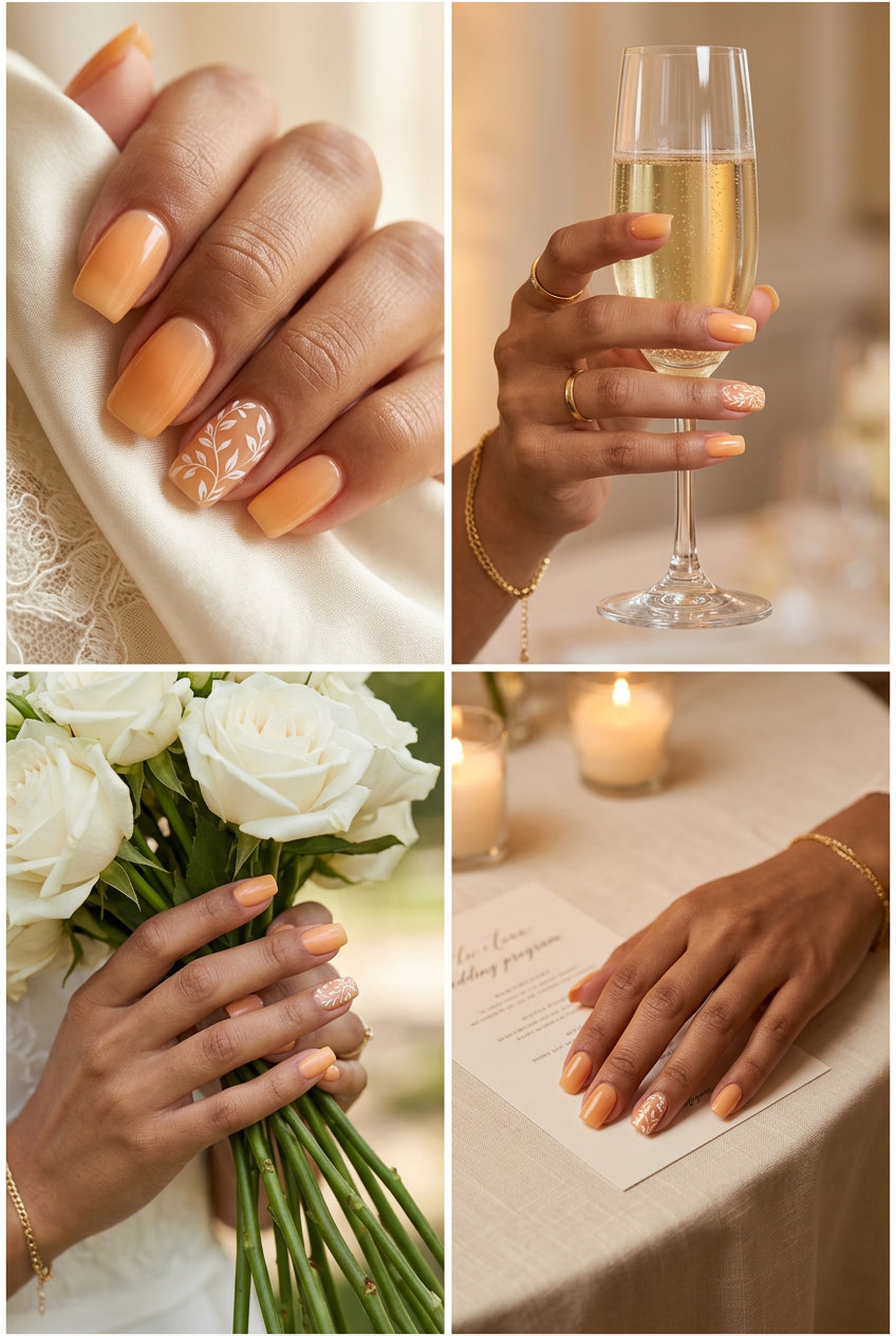 Sun-kissed peach jelly nails with gold shimmer accent for summer wedding nails 2026. Playful & warm.